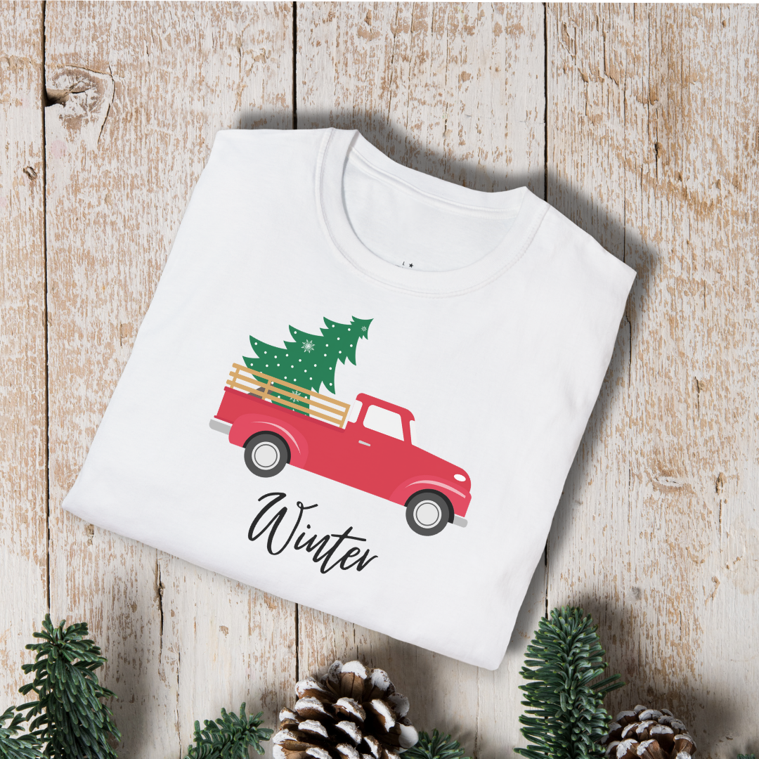 T-Shirt — Red Truck with Christmas Tree | 'Winter' Holiday Graphic Tee